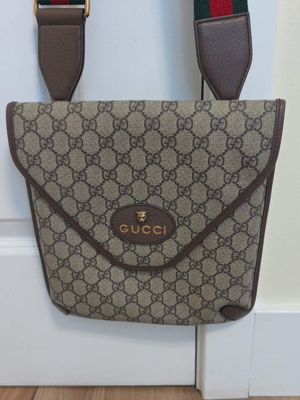 Gucci Beige GG Supreme Crossbody with Brown Trim and Web Strap